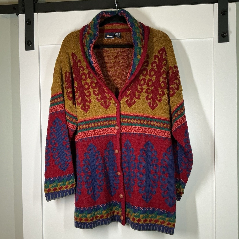 Vtg‎ 90's Liz Sport Sweater Cardigan Women Sz M Chunky Knit Fair Isle Oversized